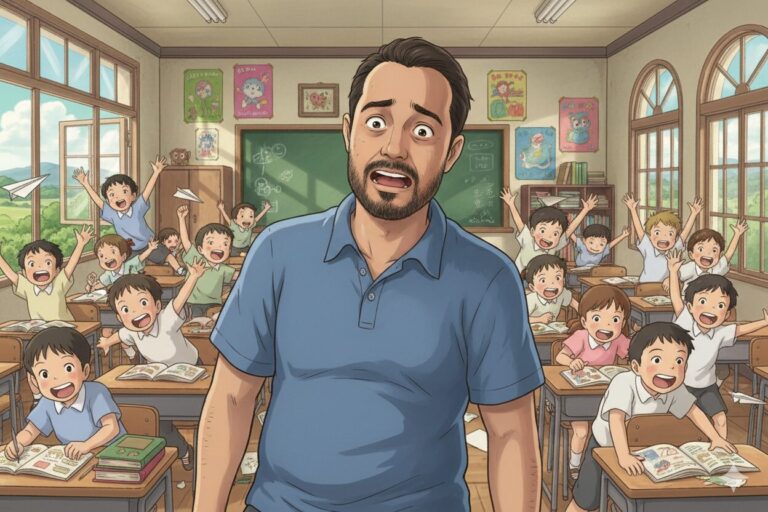 Professor sobrecarregado em sala de aula cheia de alunos