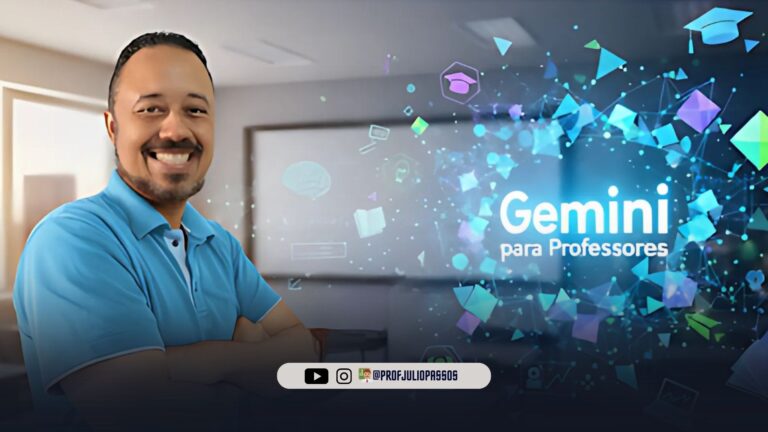 Professor sorridente ao lado da logo “Gemini para Professores” em cenário educacional tecnológico.