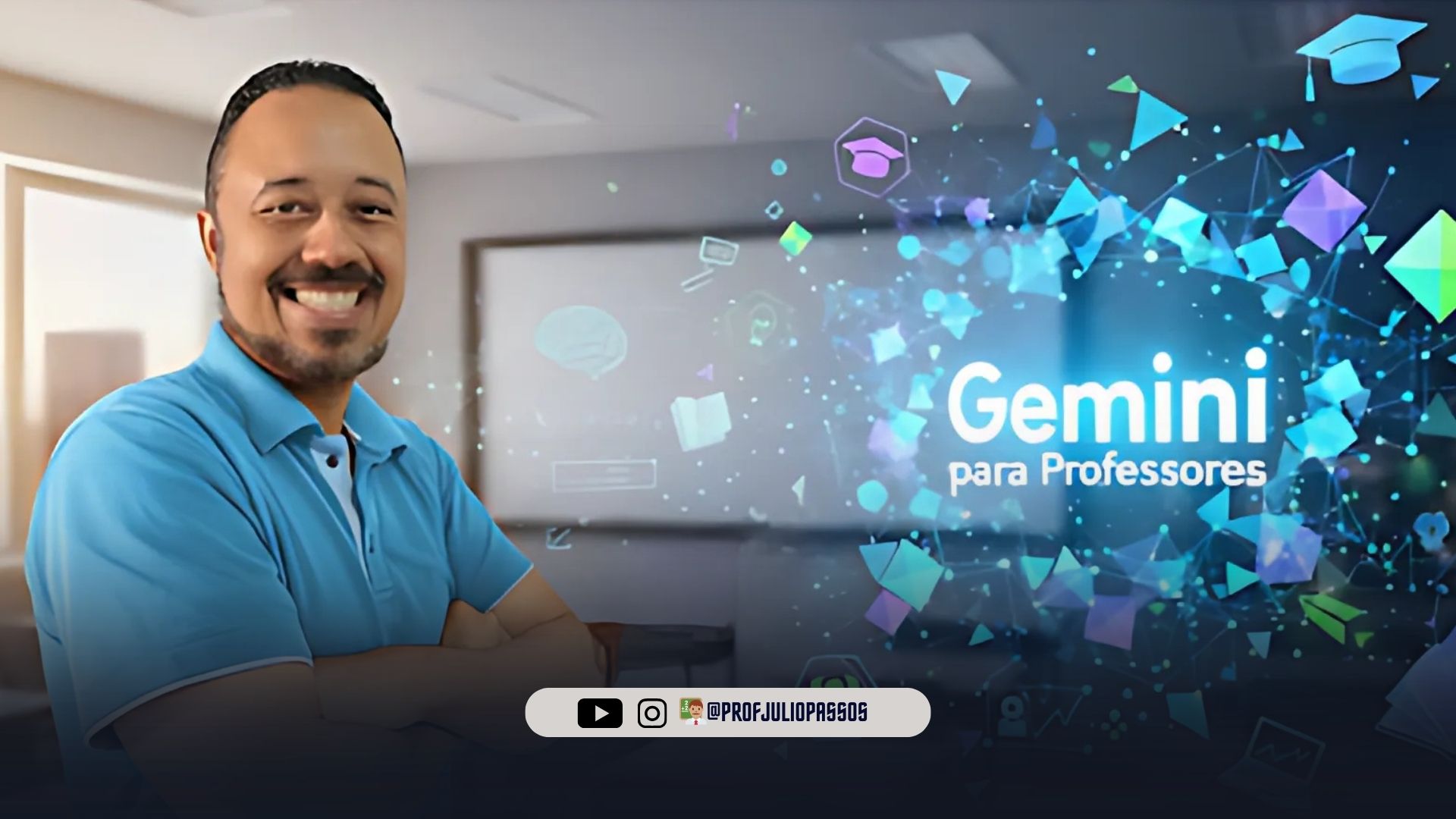 Professor sorridente ao lado da logo “Gemini para Professores” em cenário educacional tecnológico.