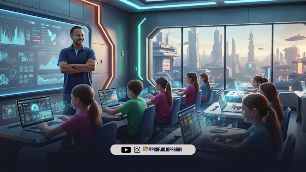 Professor utilizando IA Gemini em sala futurista com alunos em computadores.