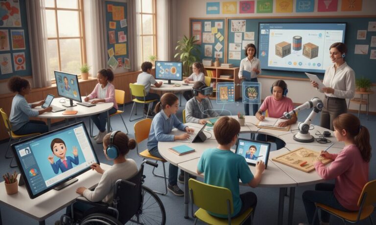 Alunos em sala de aula inclusiva utilizando tablets e recursos de IA