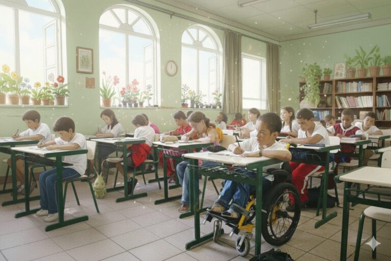 Alunos em escola inclusiva tradicional com estudante em cadeira de rodas