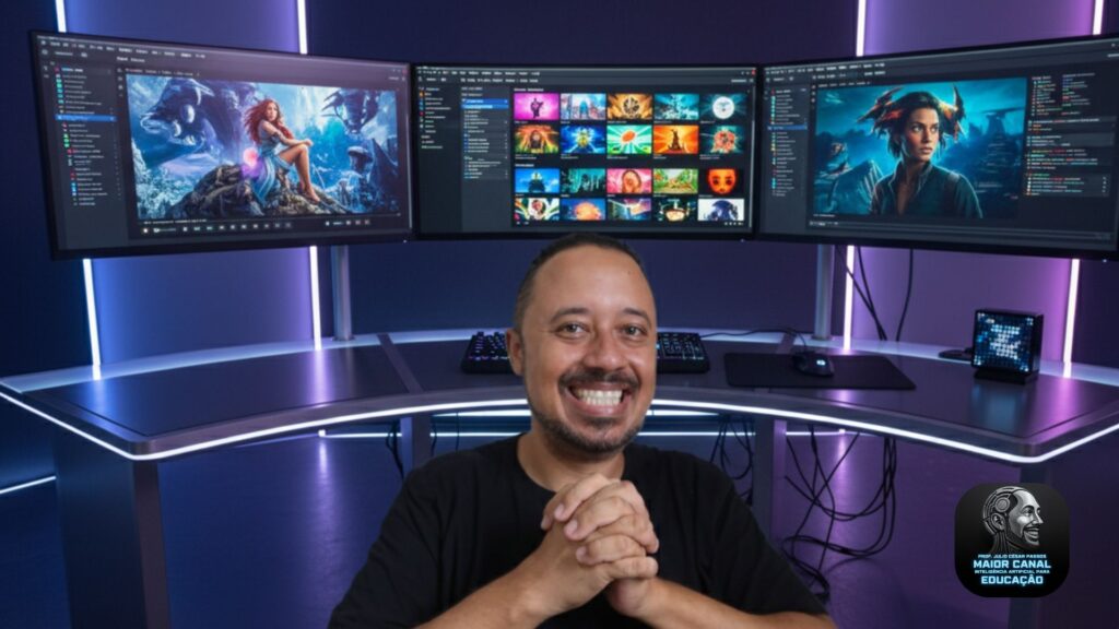 Professor sorridente em frente a três monitores exibindo criações digitais com inteligência artificial