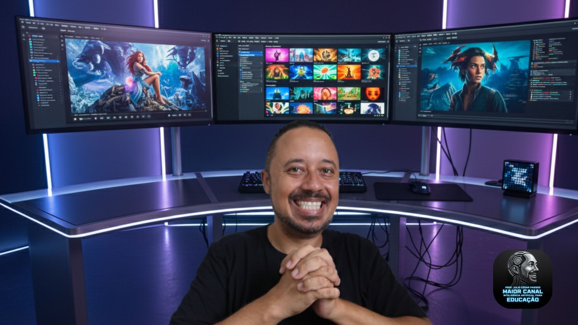 Professor sorridente em frente a três monitores exibindo criações digitais com inteligência artificial