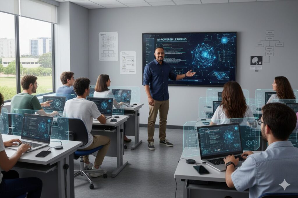 Professor ensina alunos em sala de aula usando inteligência artificial.