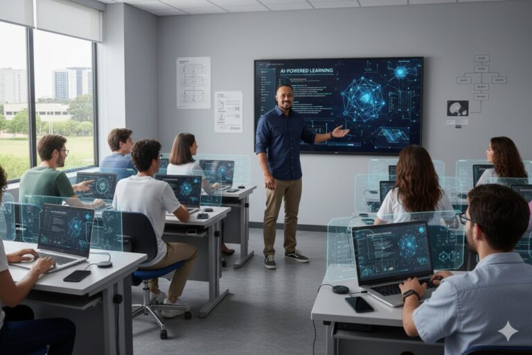 Professor ensina alunos em sala de aula usando inteligência artificial.
