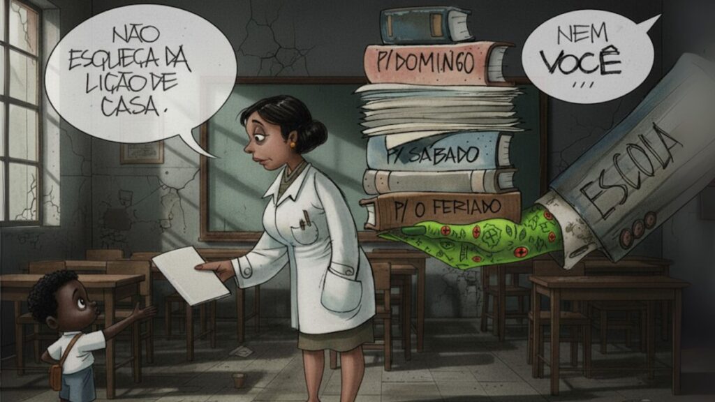 Professora sobrecarregada entrega lição de casa a aluno, enquanto a escola adiciona pilhas de tarefas extras.