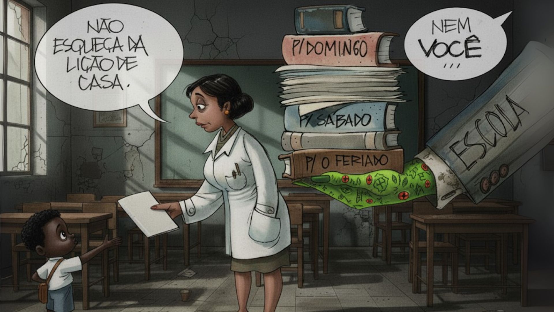 Professora sobrecarregada entrega lição de casa a aluno, enquanto a escola adiciona pilhas de tarefas extras.