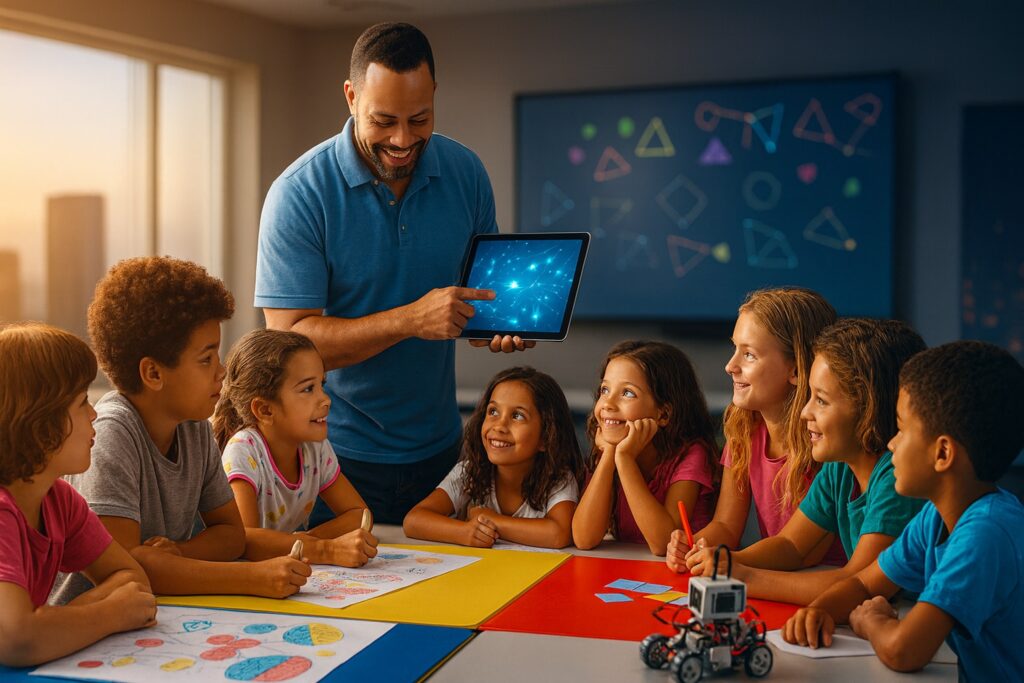 Professor mostrando tablet para alunos em sala com IA