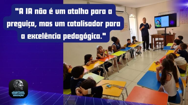 Professor em sala de aula com crianças e frase sobre o papel da Inteligência Artificial na educação.