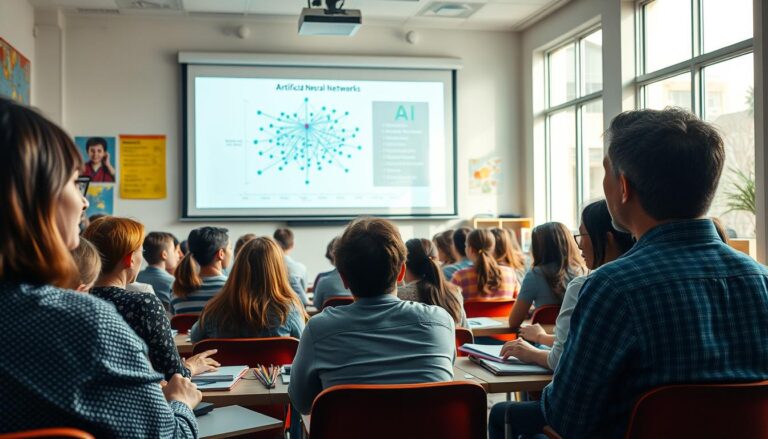 Alunos assistem a uma aula sobre redes neurais e Inteligência Artificial em sala iluminada