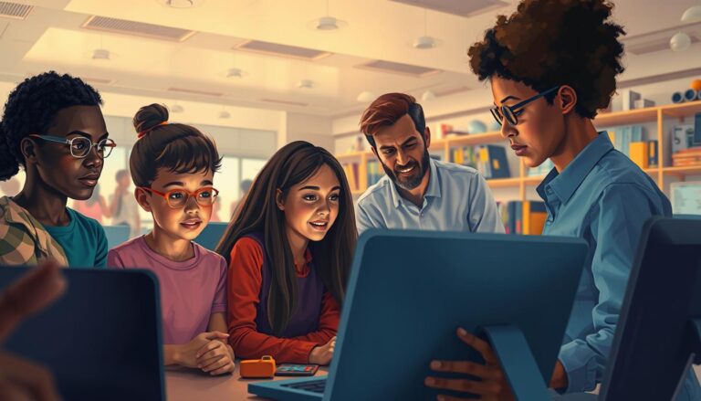 Professora orienta grupo de alunos em atividade com notebook, aprendendo sobre Inteligência Artificial