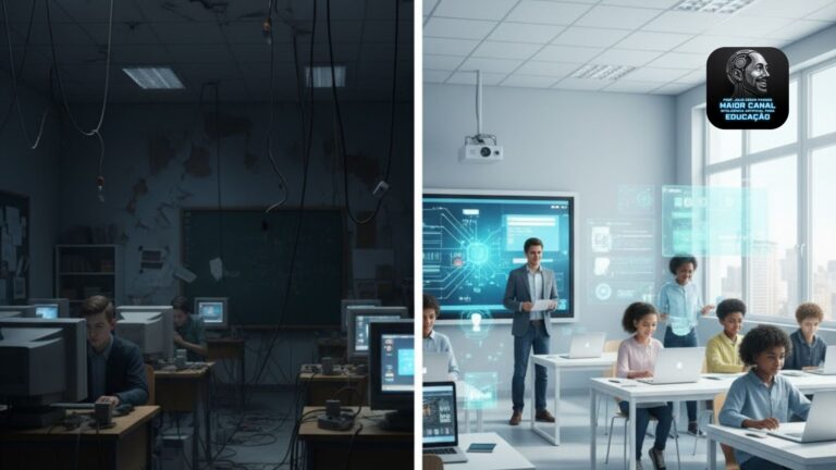 Comparativo entre sala de aula antiga e moderna com IA.
