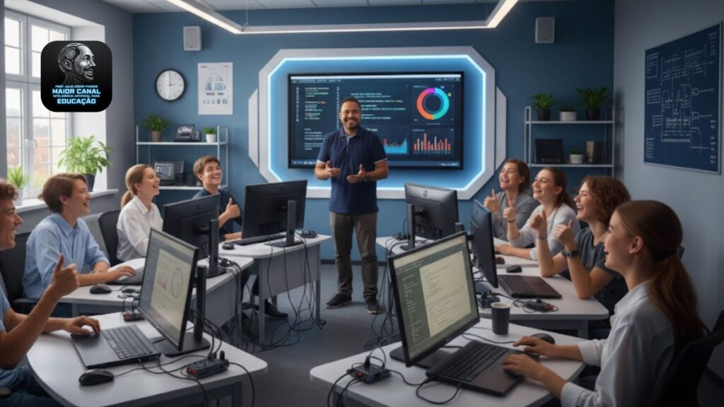 Professor ensina turma em laboratório de informática usando o Gemini para atividades interativas.