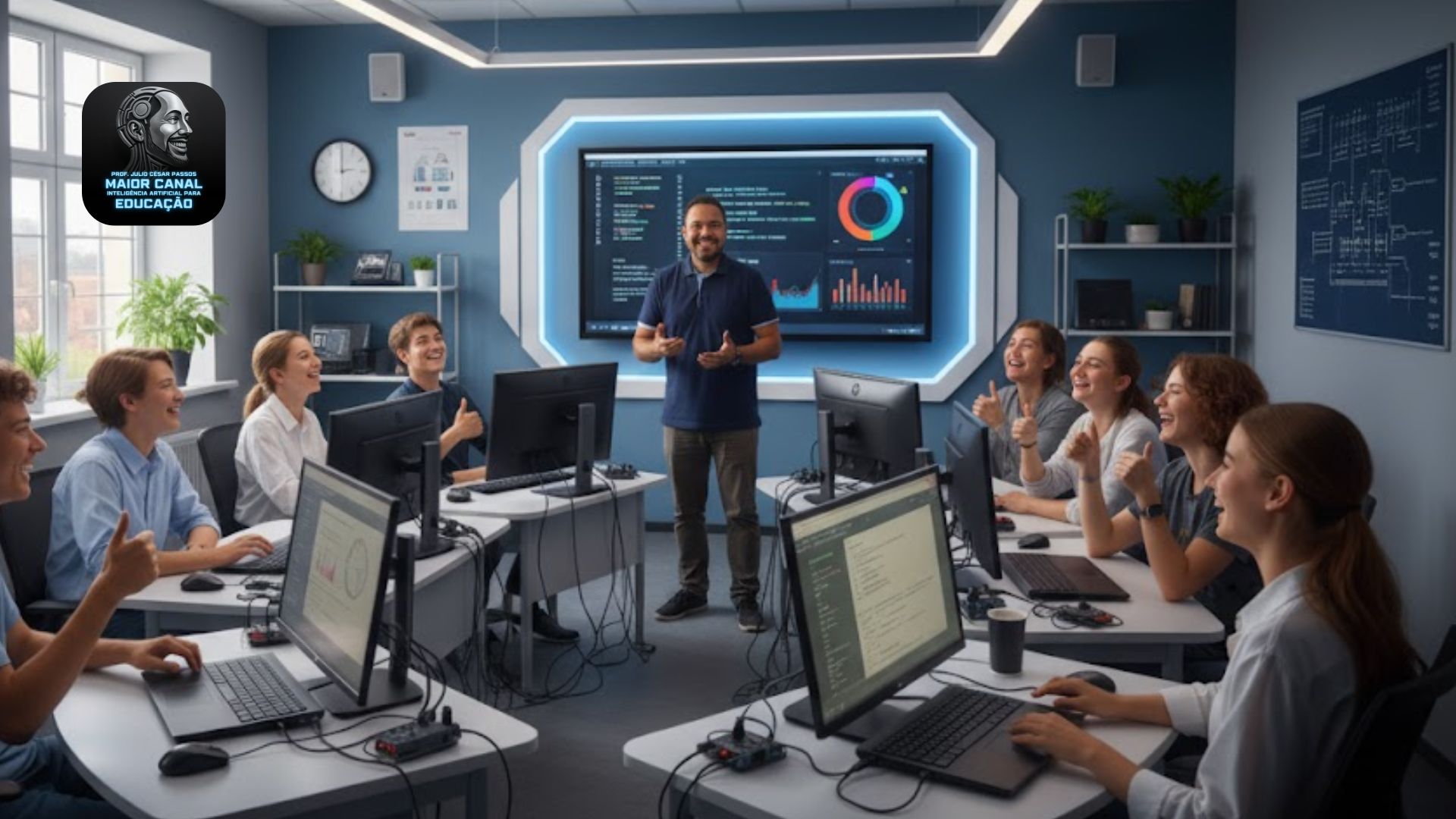 Professor ensina turma em laboratório de informática usando o Gemini para atividades interativas.