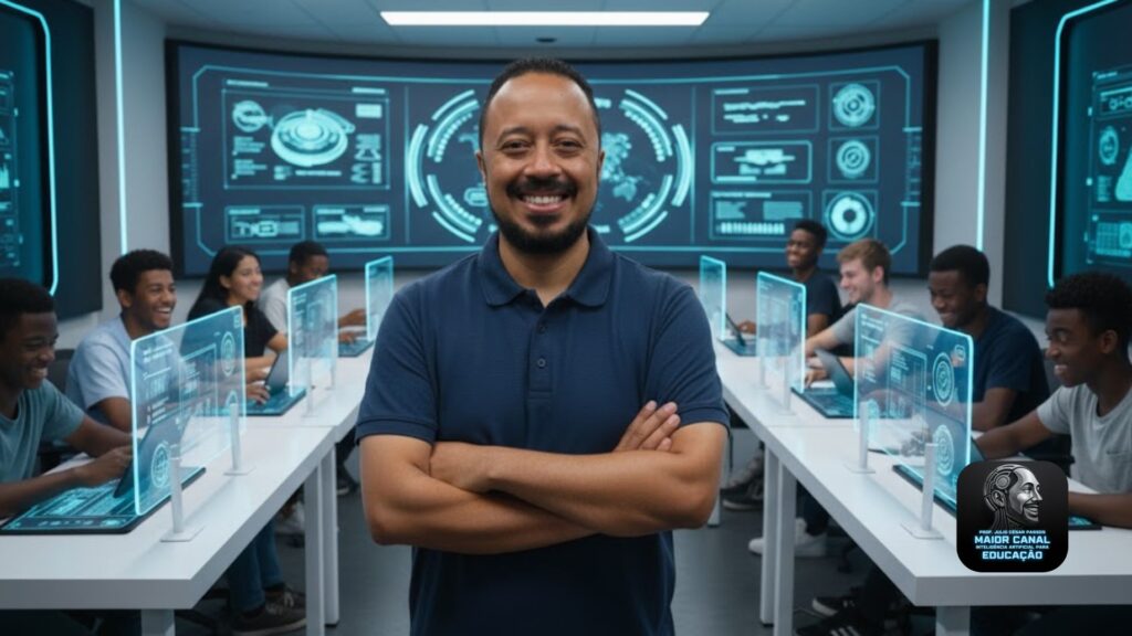 Professor em sala de aula digital com alunos utilizando tecnologia