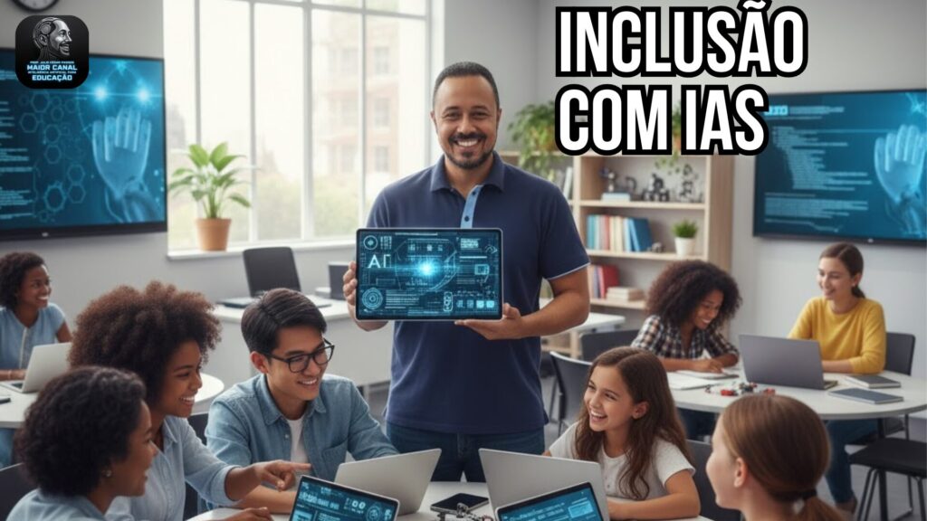 Professor em sala de aula mostrando tablet com interface de IA, representando inclusão e tecnologia educacional.