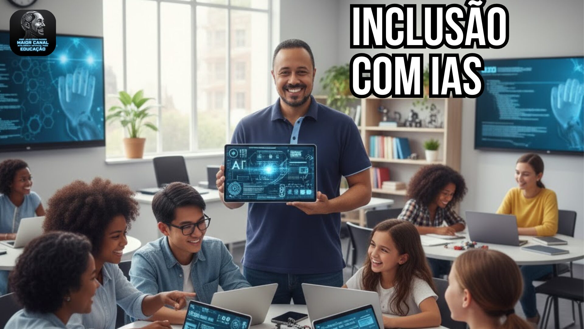 Professor em sala de aula mostrando tablet com interface de IA, representando inclusão e tecnologia educacional.