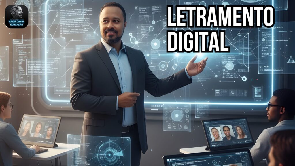 Professor ensinando letramento digital com IA em sala de aula tecnológica.