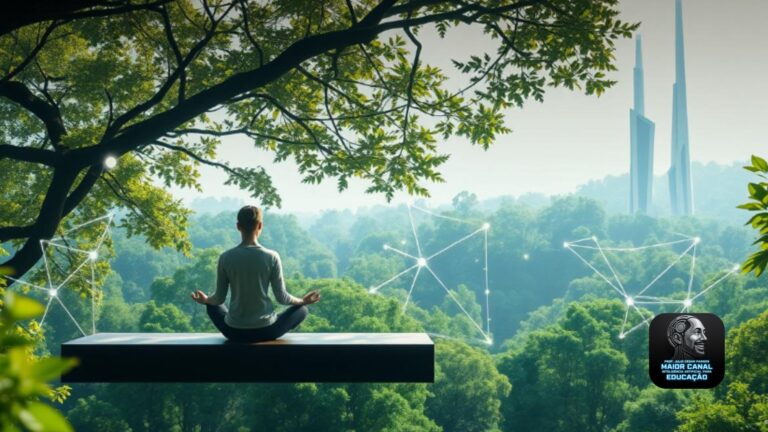 Pessoa medita sobre floresta com conexões digitais no ar, representando o equilíbrio entre tecnologia e natureza.
