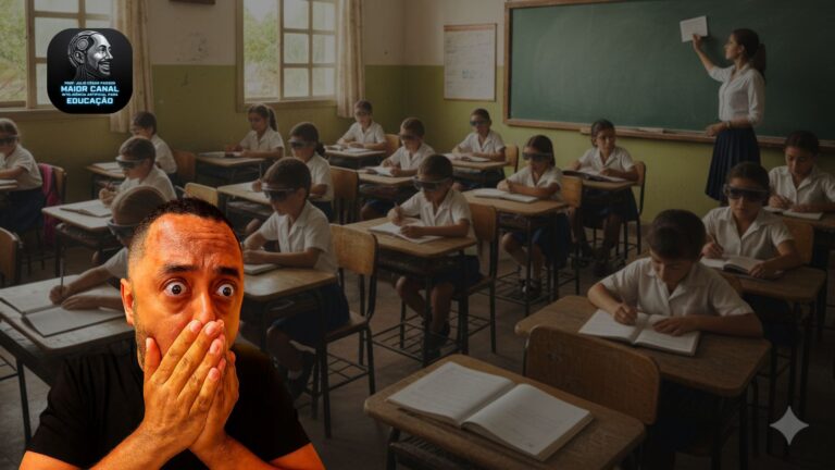 Professor surpreso em sala de aula com alunos usando óculos de realidade aumentada.