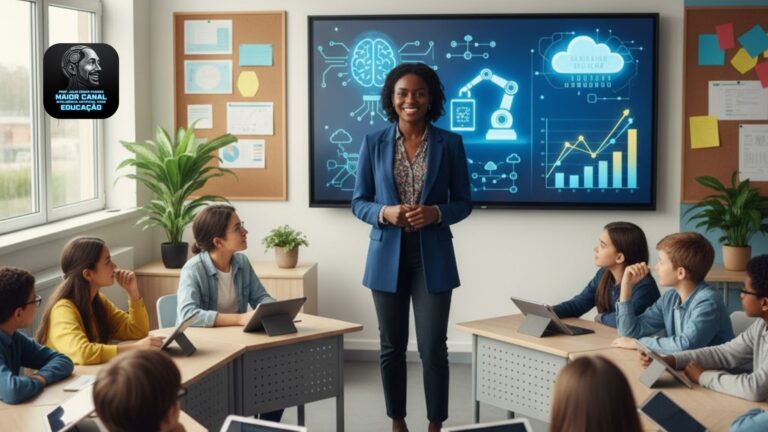 Professora ensina com painel digital sobre IA em sala de aula.