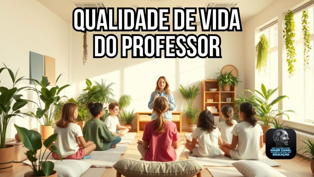 Professora conduz atividade de bem-estar com alunos em uma sala iluminada e cercada por plantas, representando o equilíbrio e a qualidade de vida docente.