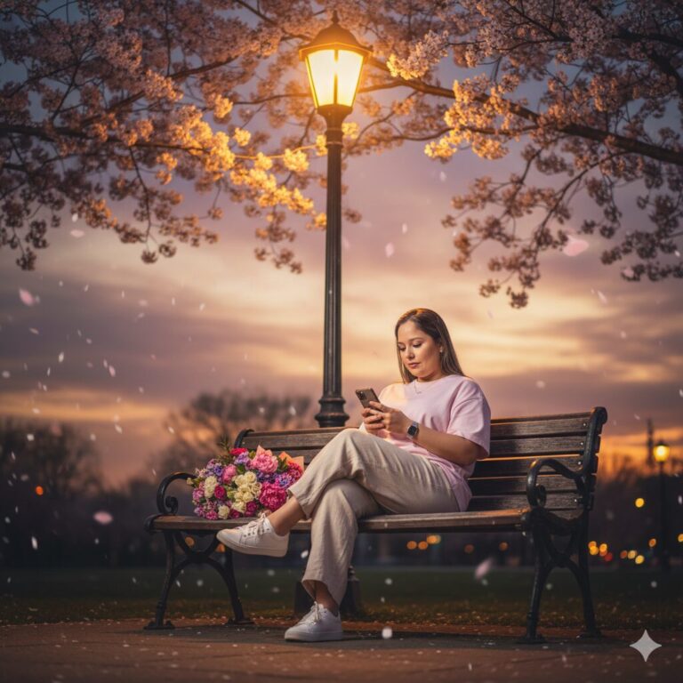 Professora sentada em banco de parque ao pôr do sol, cercada por flores, usando o celular.
