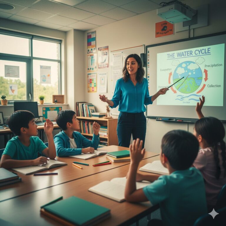 Professora explicando o ciclo da água para alunos em sala moderna, com quadro digital e livros