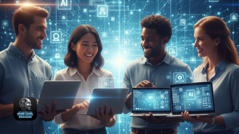 Grupo de professores usando laptops com Inteligência Artificial