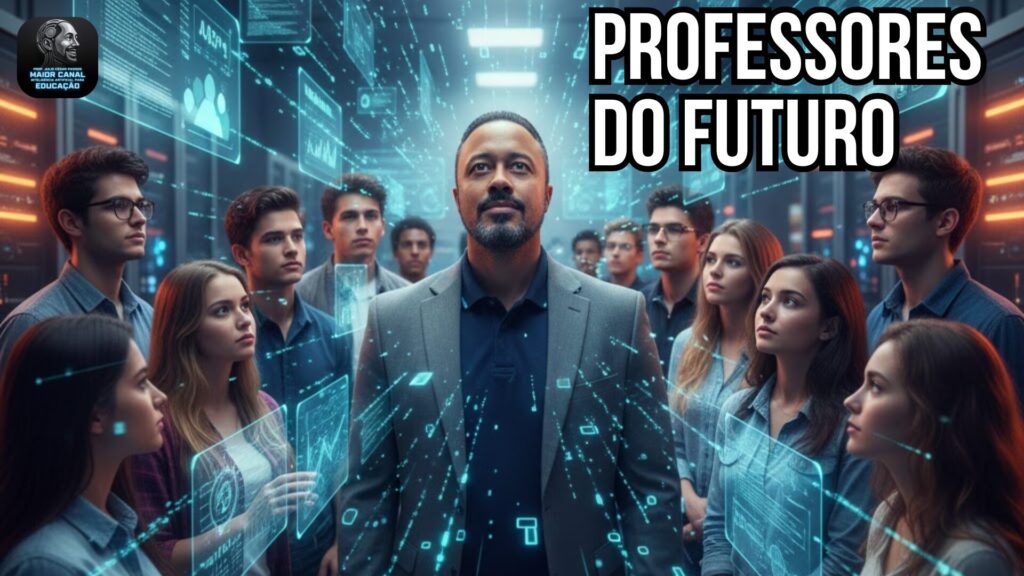 Professor cercado de alunos e hologramas digitais representando o futuro da educação com IA.