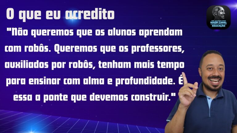 Professor apontando para frase sobre ética no uso de robôs e IA na educação.