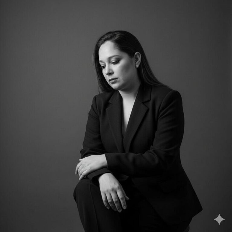 Professora em preto e branco com olhar pensativo, sentada e de traje formal.