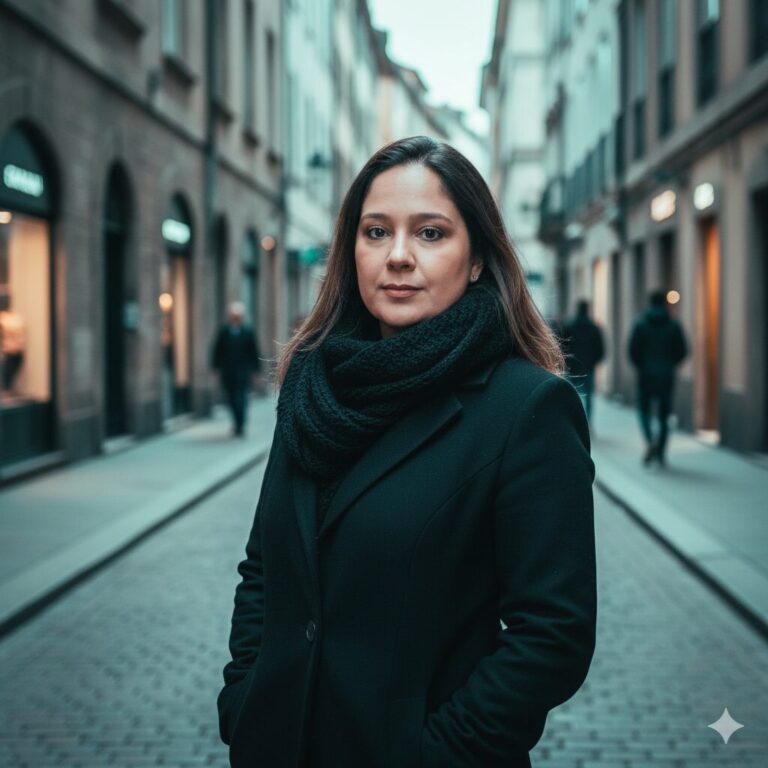 Professora caminhando por uma rua europeia com casaco preto e cachecol, em estilo cinematográfico.