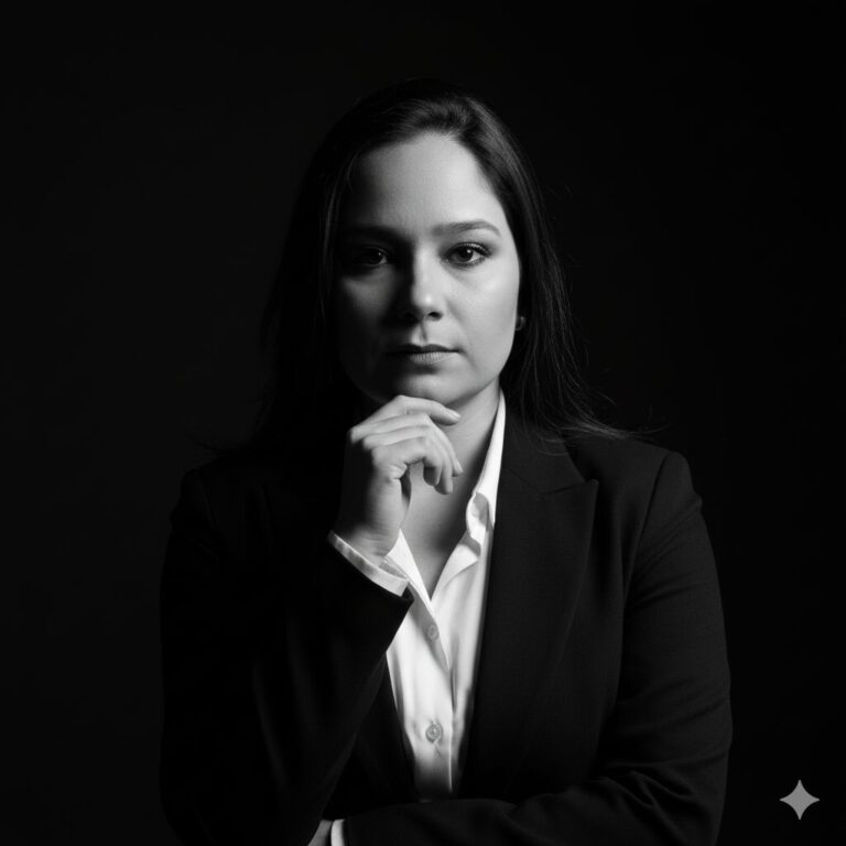 Retrato em preto e branco de professora com expressão séria e mão no queixo, simbolizando reflexão e autoridade.