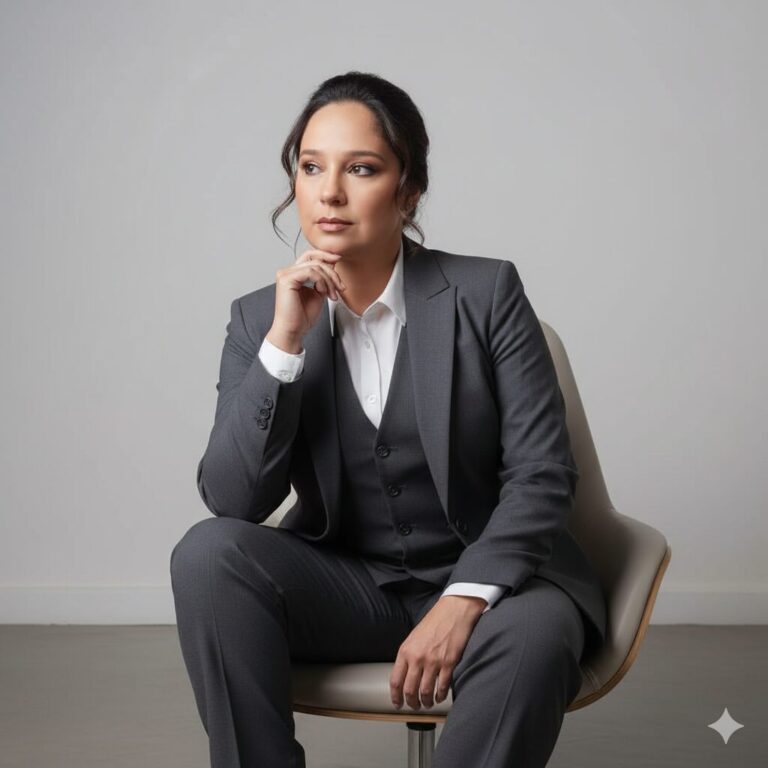 Professora sentada com terno cinza, expressão confiante e postura profissional.