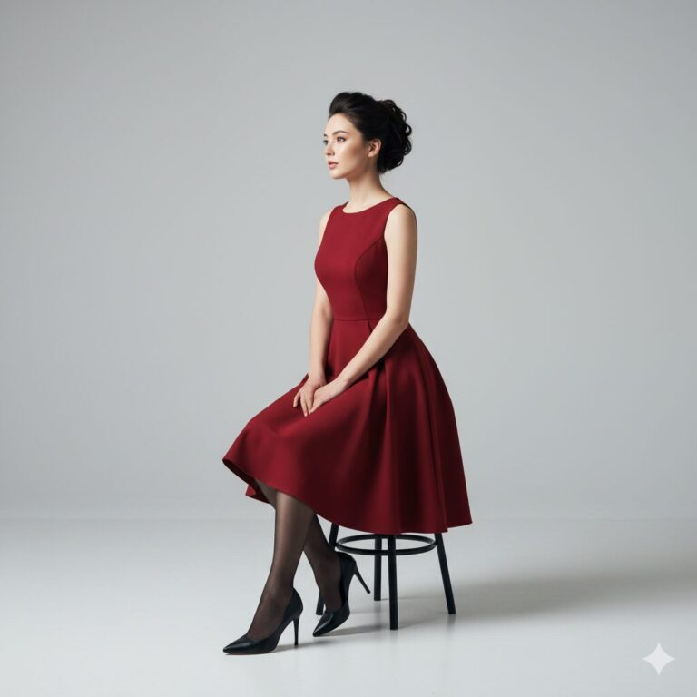 Professora sentada em estúdio com vestido vermelho elegante e fundo neutro, simbolizando profissionalismo e elegância.