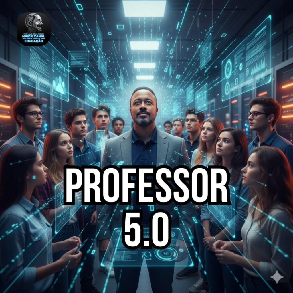 Professor cercado por estudantes e hologramas digitais em ambiente futurista, representando o conceito do combo de cursos "Professor 5.0" com foco em tecnologia na educação.