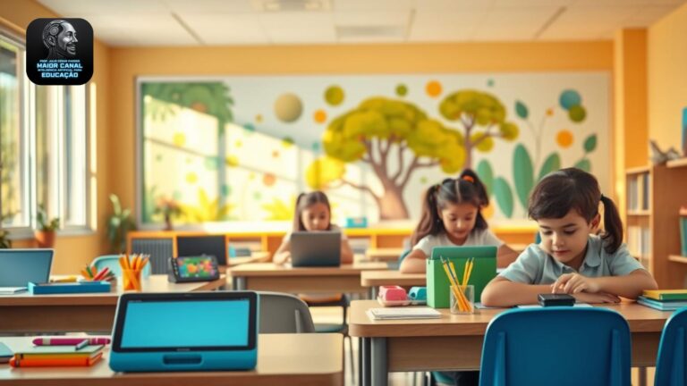 Alunas utilizam tablets e notebooks em uma sala de aula colorida e moderna, representando o uso consciente da tecnologia na educação.