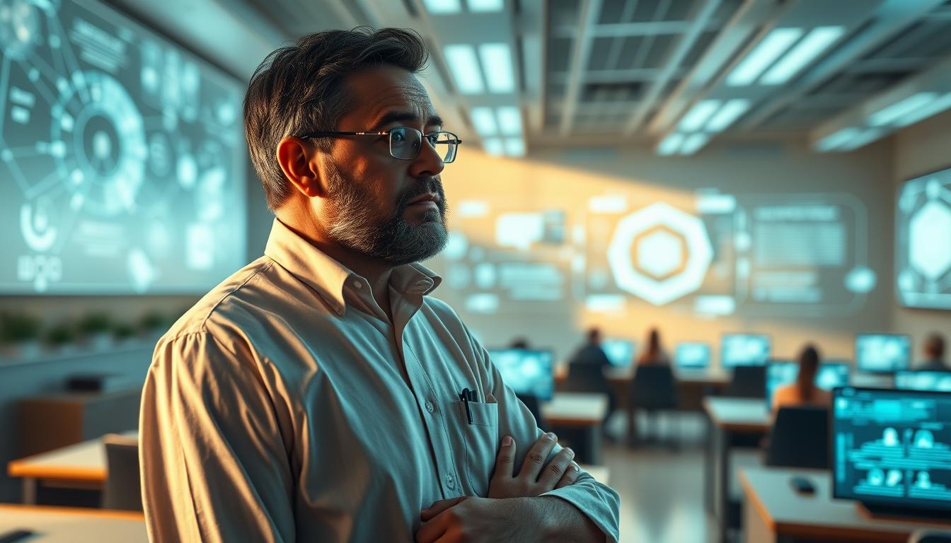 Professor observando alunos em sala de aula com telas e gráficos de IA projetados na parede