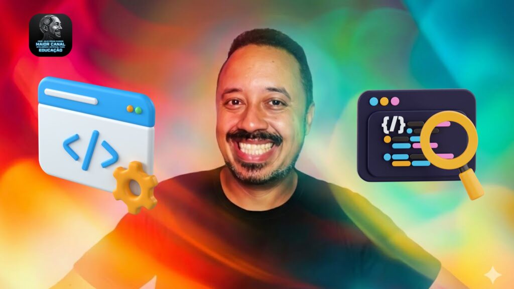 Pessoa sorridente ao centro, com ícones coloridos de programação e planilhas ao redor.
