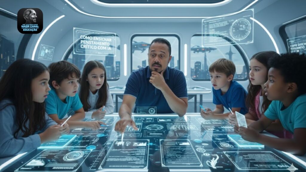 Professor explicando inteligência artificial a crianças em mesa digital futurista