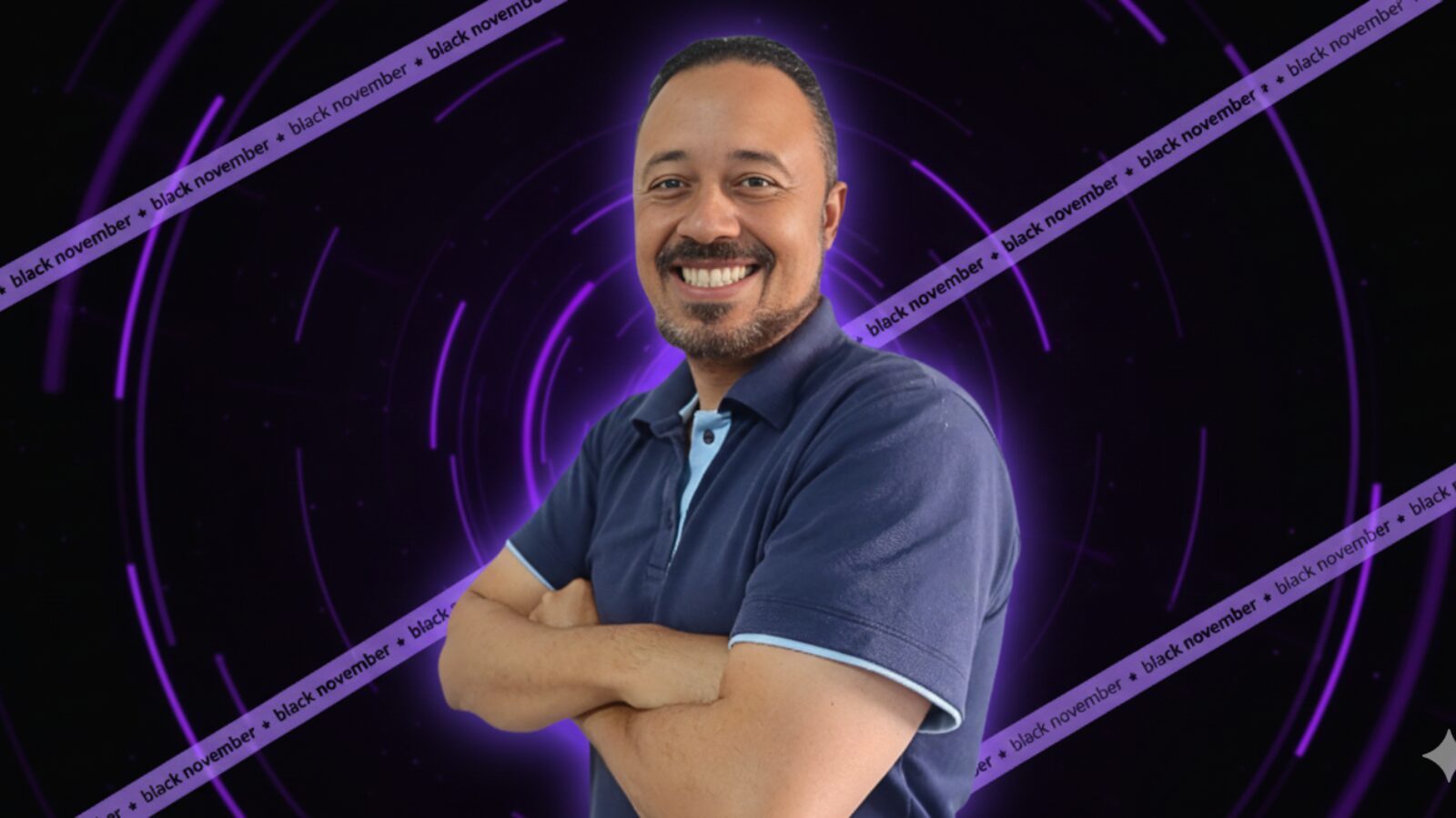 Professor Julio em destaque sobre fundo roxo tecnológico com tema Black November.
