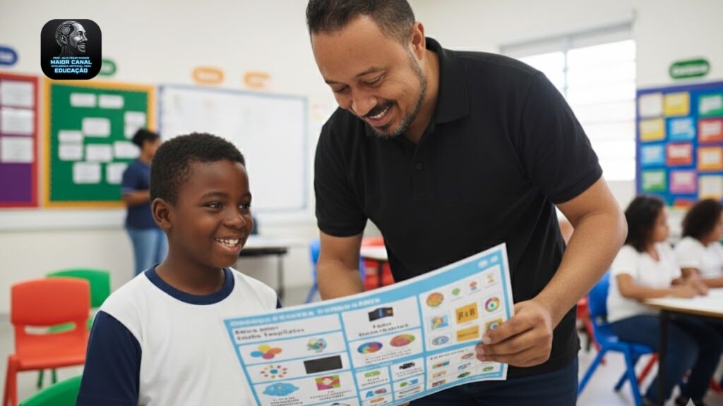 Professor sorrindo enquanto mostra uma folha de atividades visual a um estudante em sala de aula, enfatizando inclusão e materiais pedagógicos acessíveis.