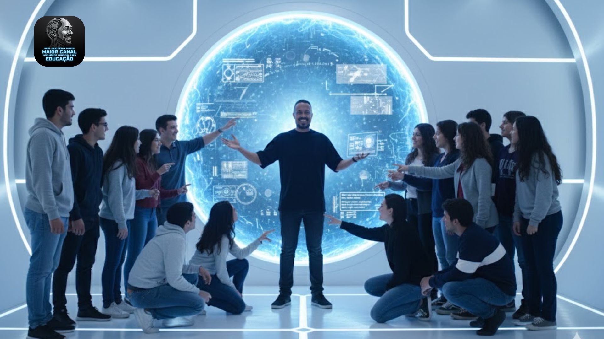 Professor em ambiente futurista cercado por estudantes explorando tecnologia e inteligência artificial