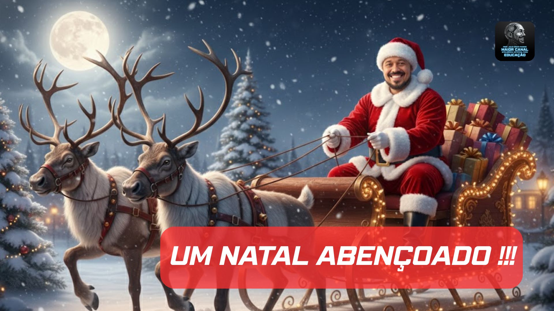 Professor usando avatar temático com IA vestido de Papai Noel em sala de aula