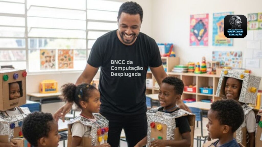 Professor aplicando computação desplugada com crianças em sala de aula