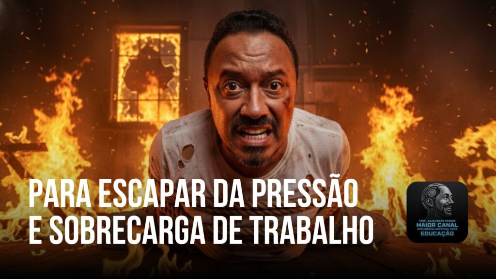Professor exausto cercado por fogo simbolizando pressão e sobrecarga de trabalho docente.