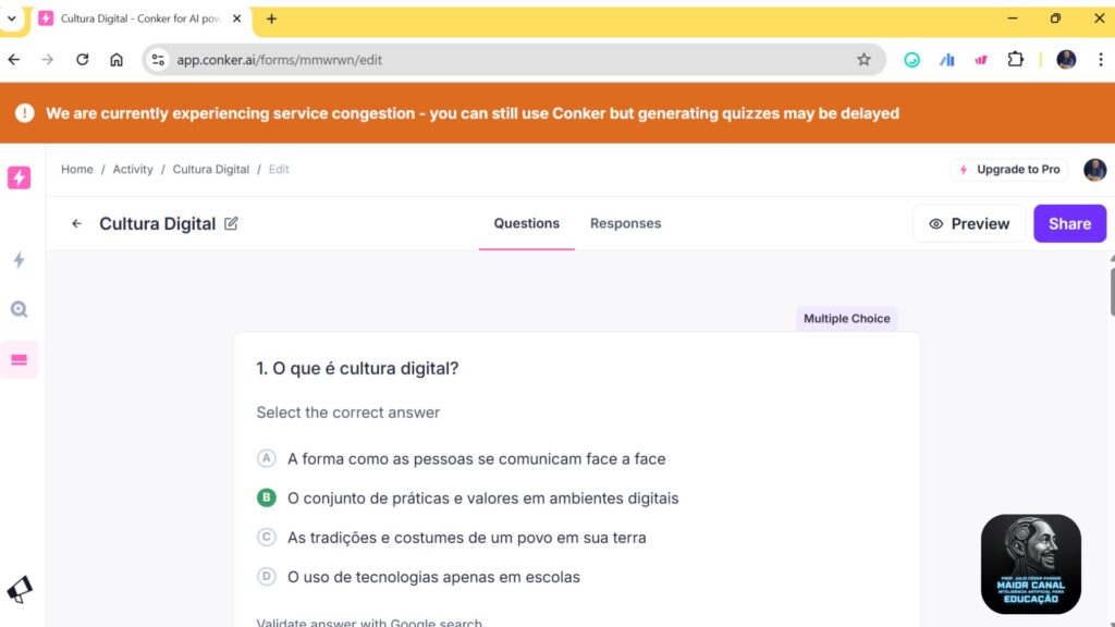 Conker criando avaliações e questionários com inteligência artificial para professores