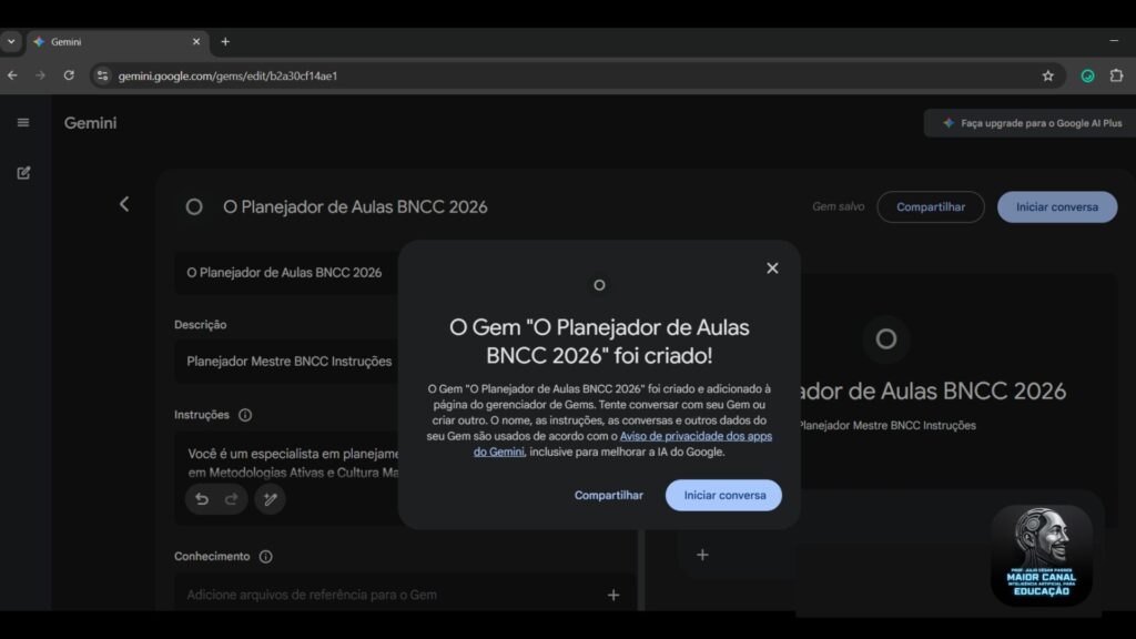 Tela do Gemini mostrando a criação de um agente de IA na educação chamado Planejador de Aulas BNCC 2026